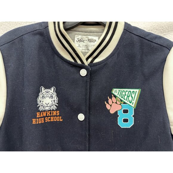 Stranger Things Varsity Jacket Sz L Youth Hawkins High School Justice Netflix - Picture 2 of 6